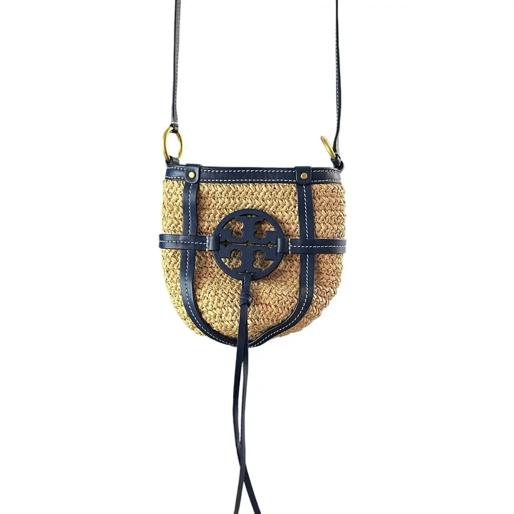 Tory Burch Miller Straw Bucket Bag Natural Navy Crossbody Purse Leather Trim - Picture 7 of 12